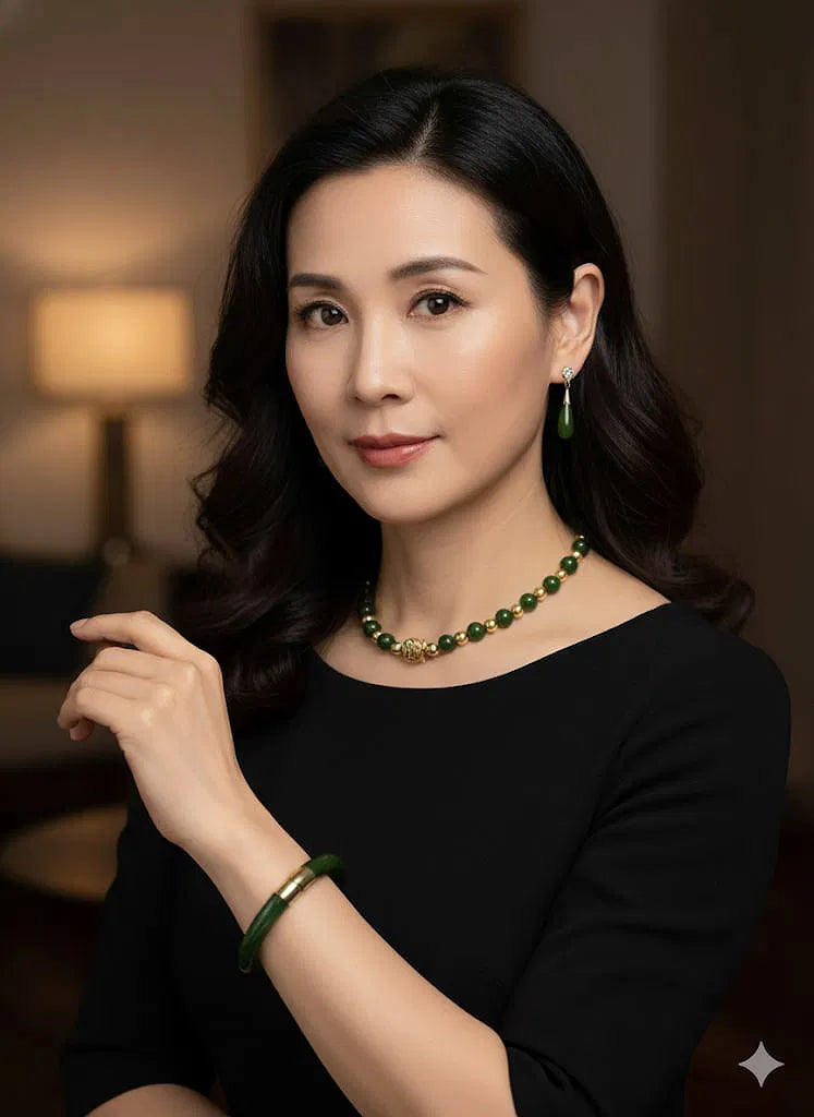 Three Piece Spinich Jade and 14K Gold Jewelery Set