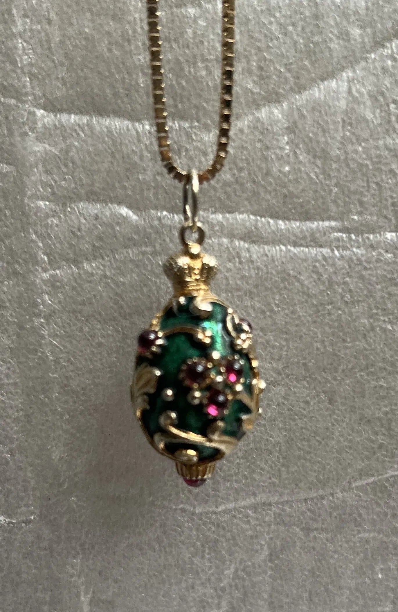 Italian , Ruby & Enamel Egg Pendent with 14K Chain .53 oz