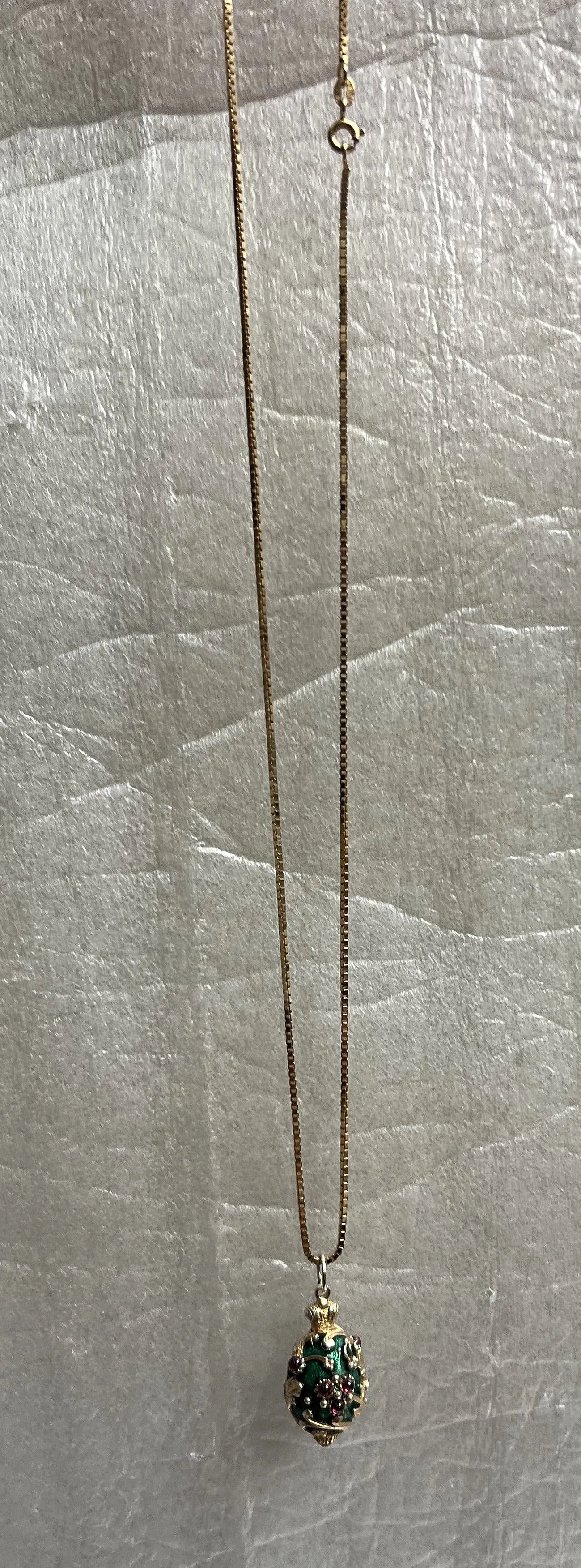 Italian , Ruby & Enamel Egg Pendent with 14K Chain .53 oz