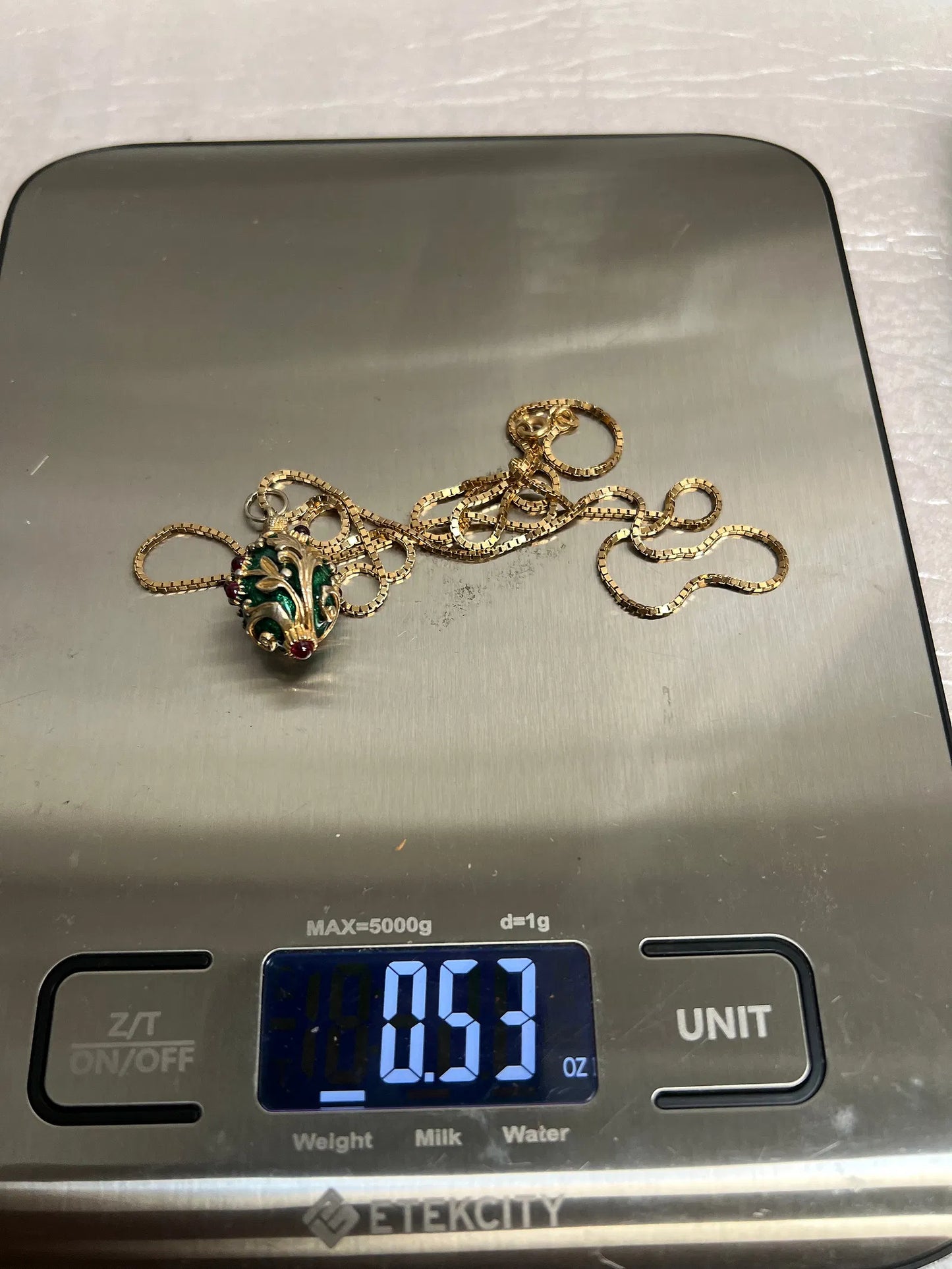 Italian , Ruby & Enamel Egg Pendent with 14K Chain .53 oz