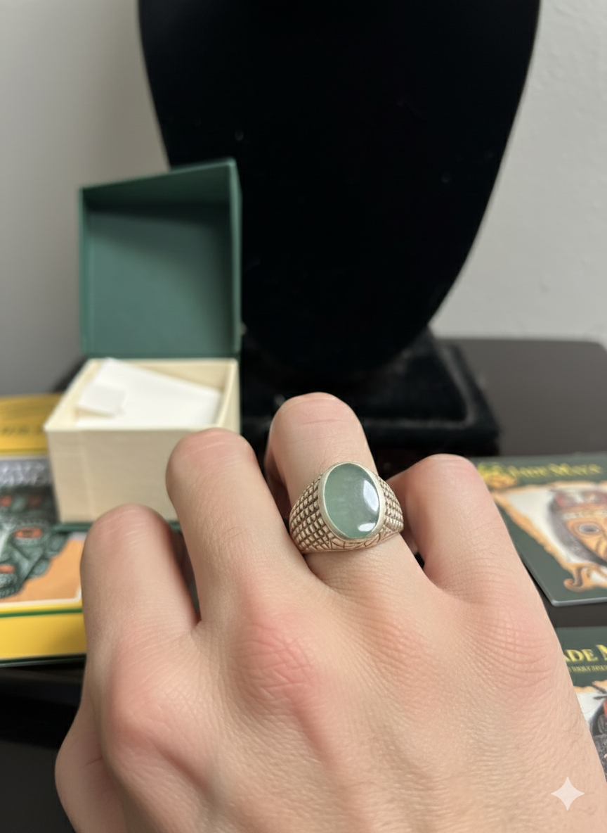 Guatemalan men's jadeite ring set in a sterling silver, from the company Jade Maya.
