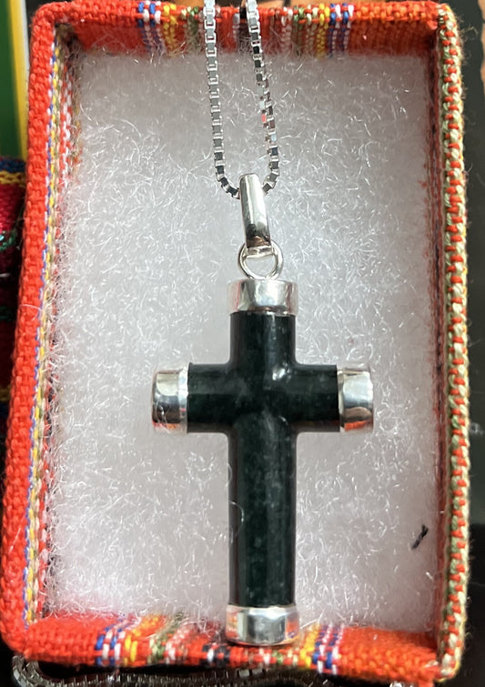 Guatemalan black jade cross necklace with sterling silver accents and chain
