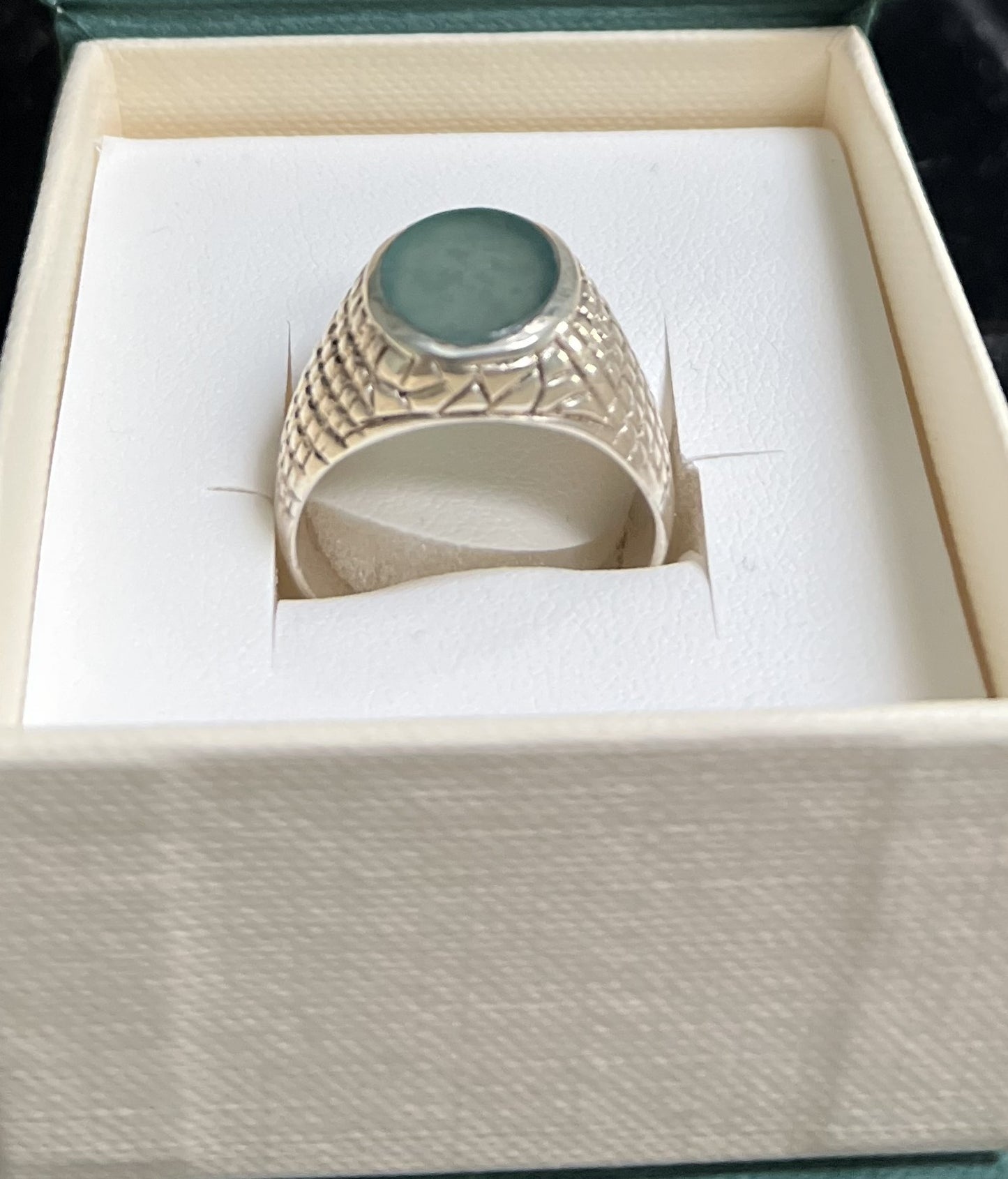 Guatemalan men's jadeite ring set in a sterling silver, from the company Jade Maya.