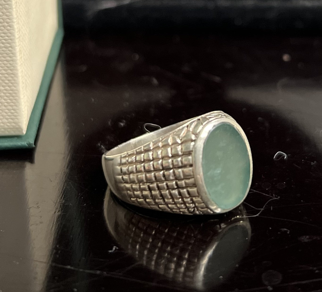 Guatemalan men's jadeite ring set in a sterling silver, from the company Jade Maya.