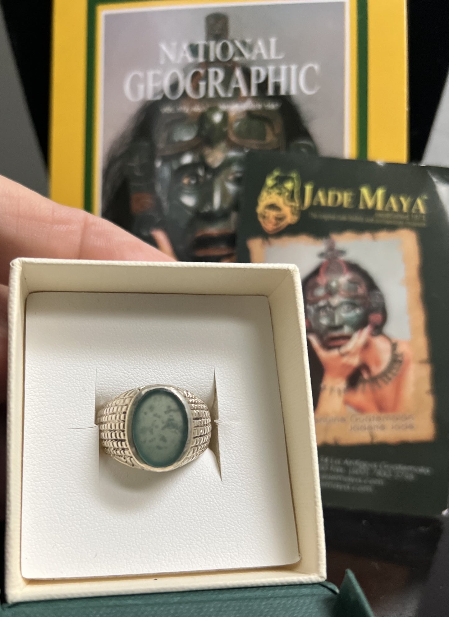 Guatemalan men's jadeite ring set in a sterling silver, from the company Jade Maya.