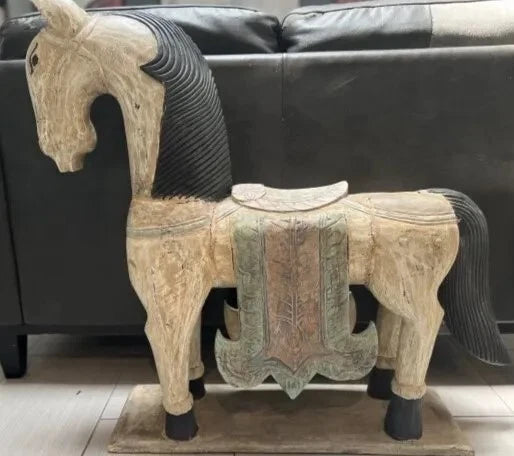 Antique NORWEGIAN hand Painted Carved Wood Horse Statue 35" T 33" W